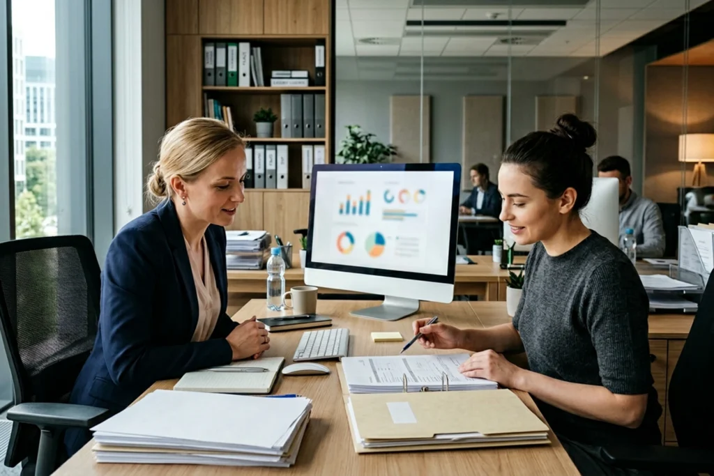 Pracownice działu kadr analizują dokumenty pracownicze w biurze przy zmianach w badaniach medycyny pracy